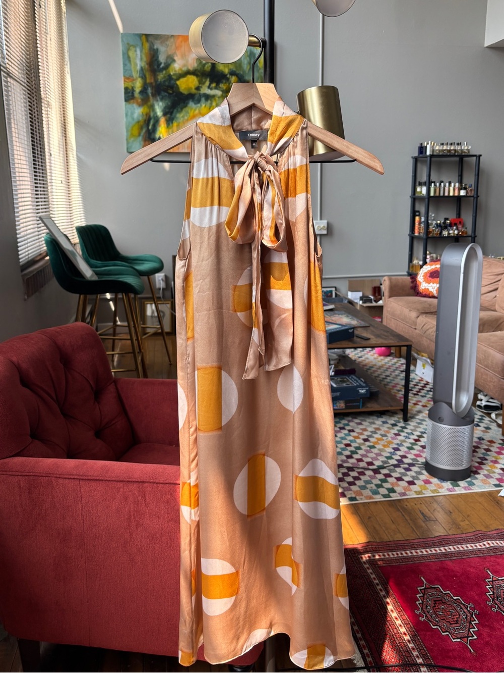 NWT Theory Silk Halter Scarf Tie Knee Length Dress in beige/gold - 00